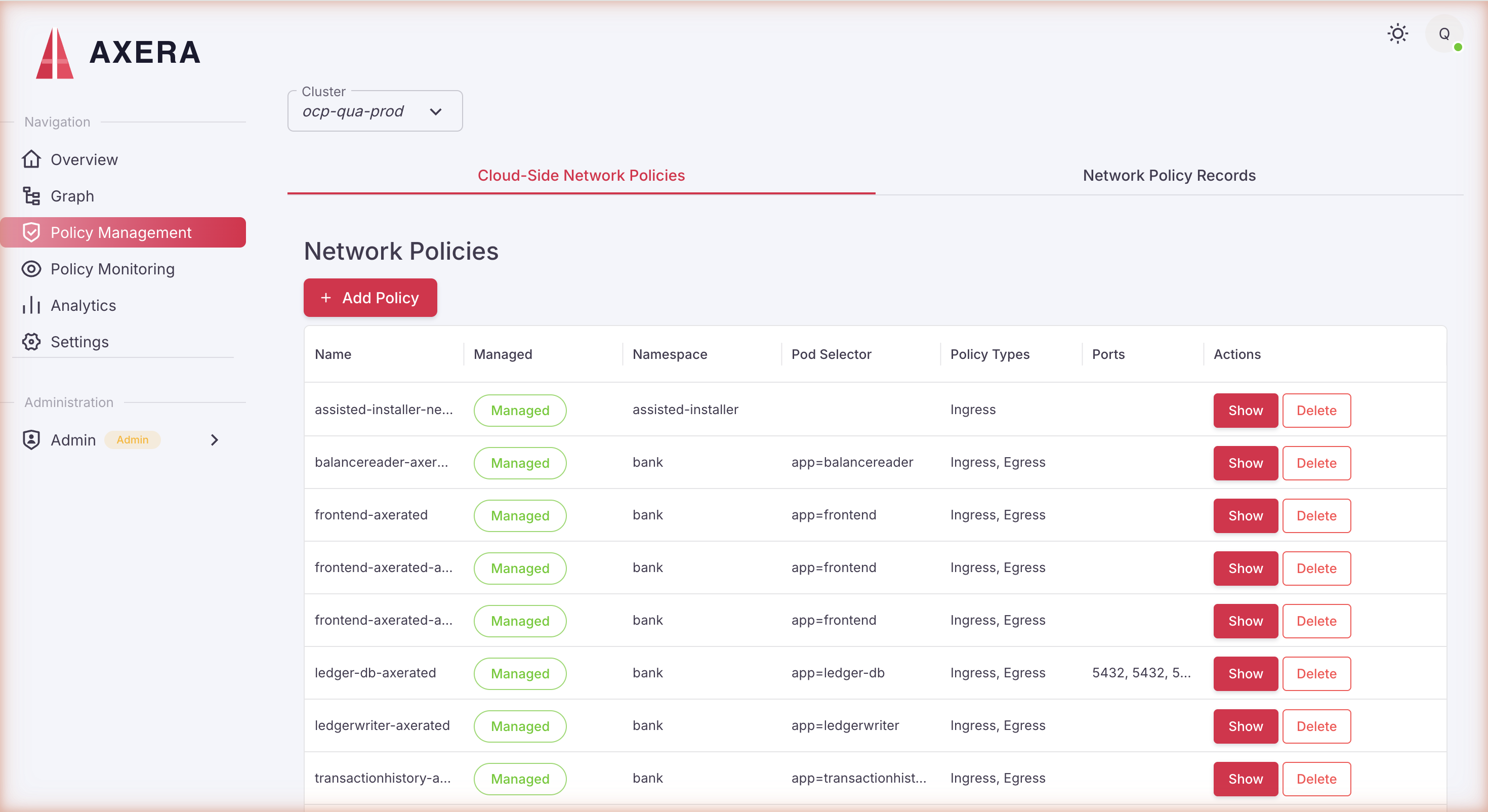 Policy yönetimi — managed network policy listesi